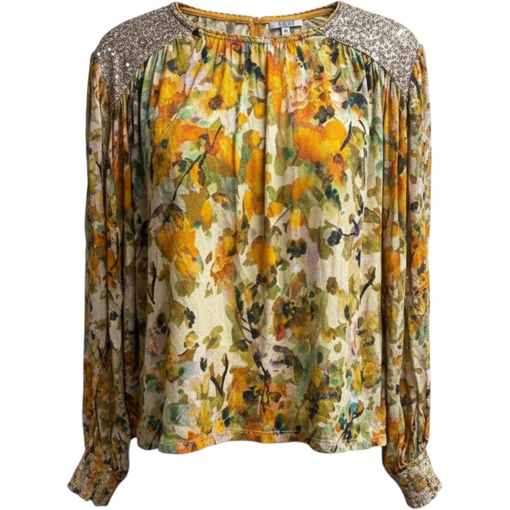 Blank London Floral Sequin Shoulder Blouse Orange Green Metallic Lurex XL
